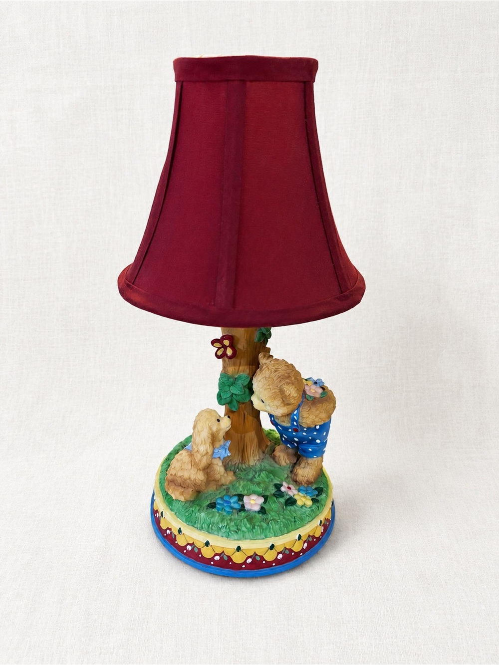 Vintage Teddy Bear & Puppy Nursery Table Lamp with Burgundy Shade